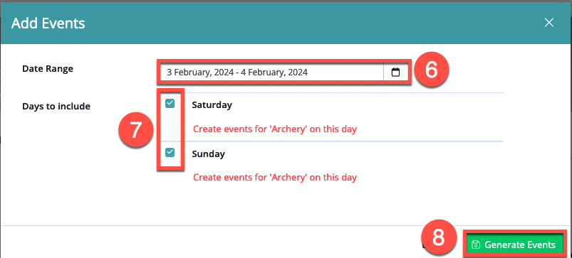 Captura de pantalla: Seleccione los días en los que desea agregar eventos.