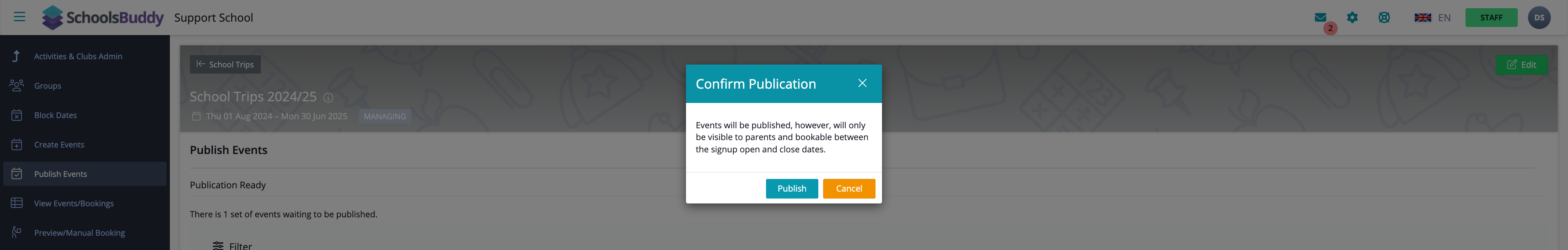 Captura de pantalla: Aparecerá una ventana emergente de "Confirmar publicación" y deberá hacer clic en "Publicar" para continuar o en el botón "Cancelar".