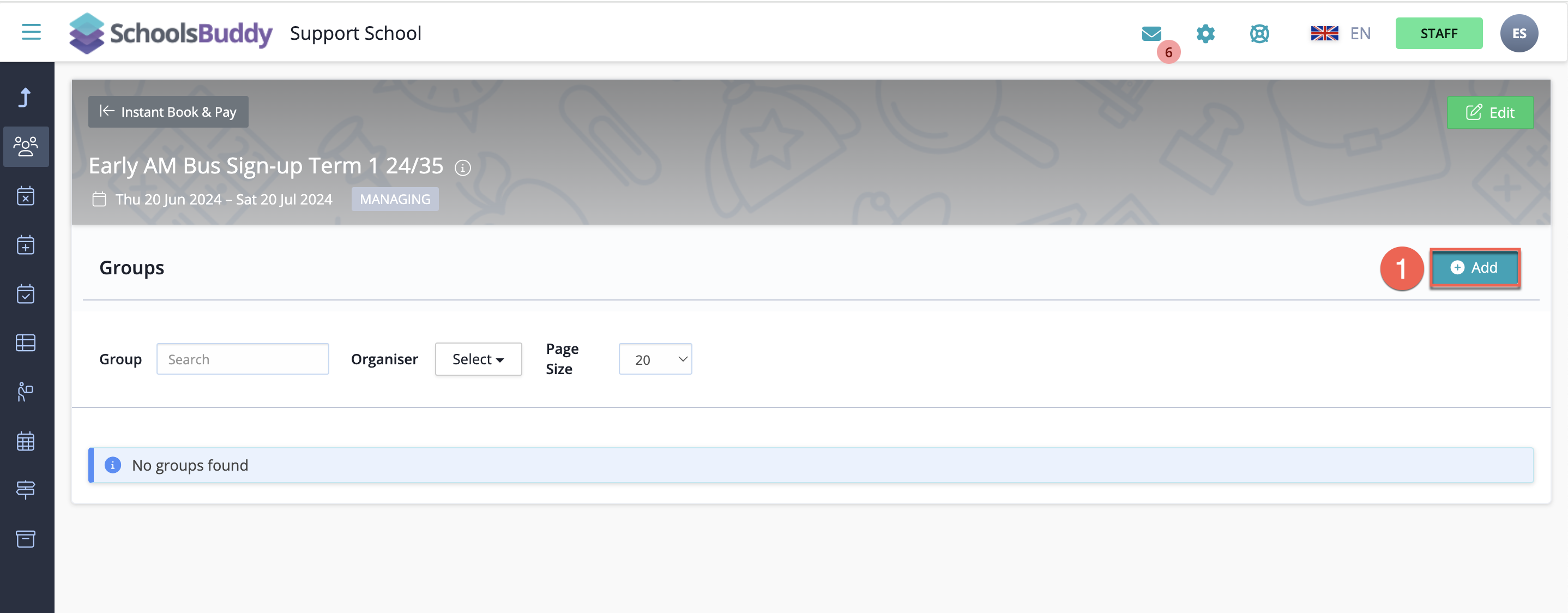 Captura de pantalla: Para crear grupos, haga clic en el botón '+Agregar'. A continuación, complete los campos del grupo que desea crear.