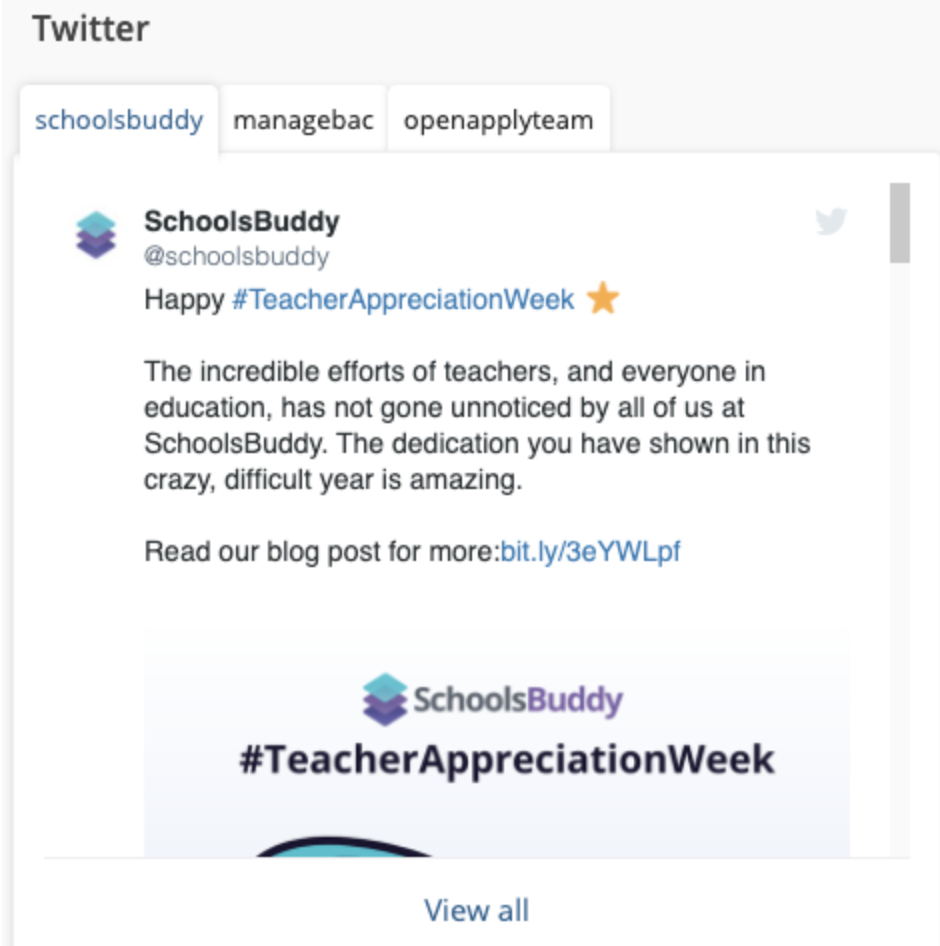 Captura de pantalla: Por favor, envíe un correo electrónico al equipo de SchoolsBuddy con el/los nombre(s) de usuario de Twitter que desea que se muestren en su cuenta.