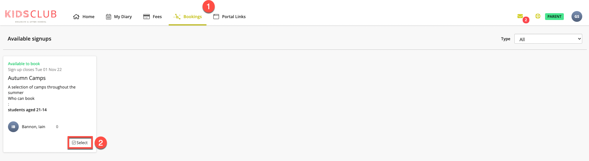 Captura de pantalla: Seleccione la pestaña Reservas (esta puede tener una etiqueta diferente según el Club/Organización).