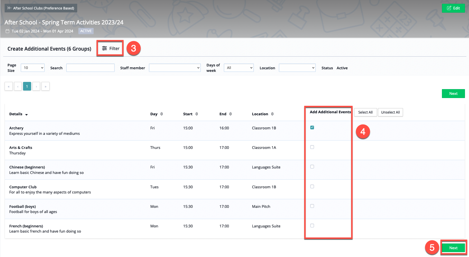 Captura de pantalla: Utilice el botón de alternancia "Seleccionar todo" o las casillas de verificación individuales para resaltar los grupos a los que desea agregar eventos.