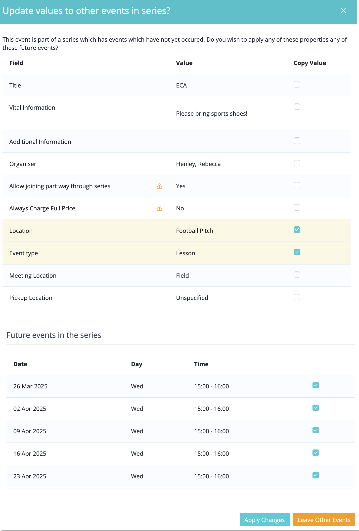 屏幕截图：如果此更改仅适用于单个活动，请点击“离开其他活动”。