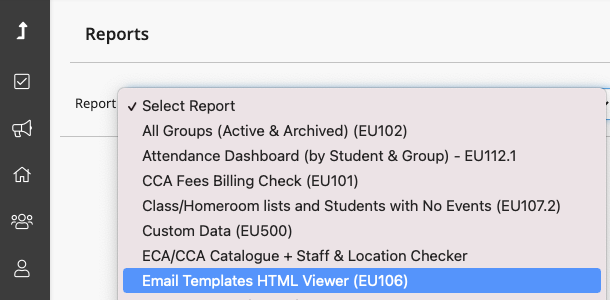 截图：所有模板都可以在 SchoolsBuddy 的“接待处 > 报告”部分的“电子邮件模板 HTML”中查看。