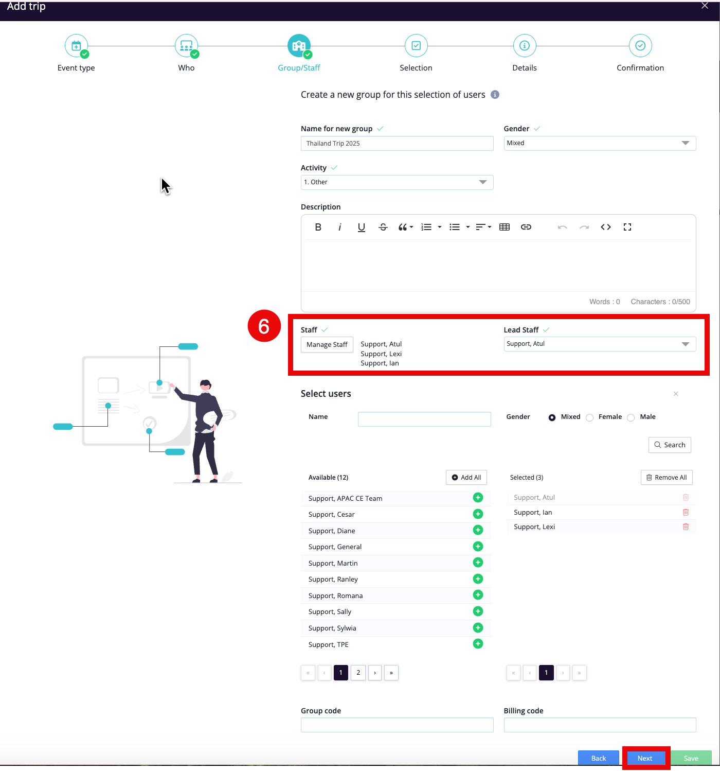 屏幕截图：点击“管理员工”（点击绿色“+”按钮）选择员工，然后从中选择一名主管员工。
