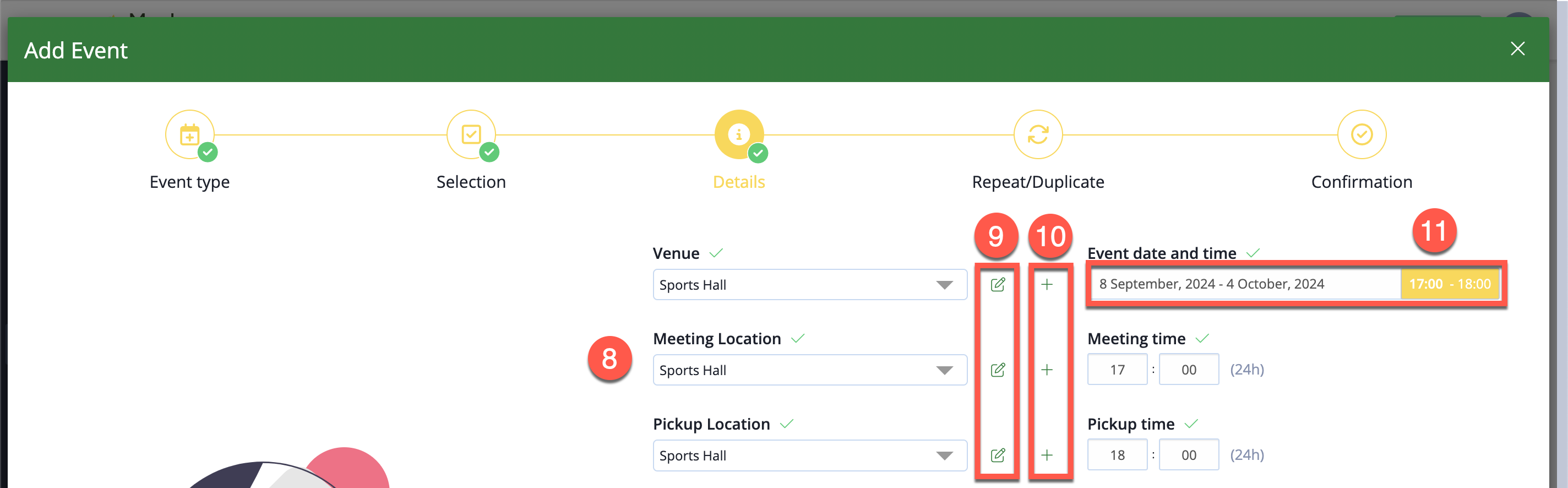 Screenshot: The Meeting time will default to the event start time, and the Pickup time will default to the event end time